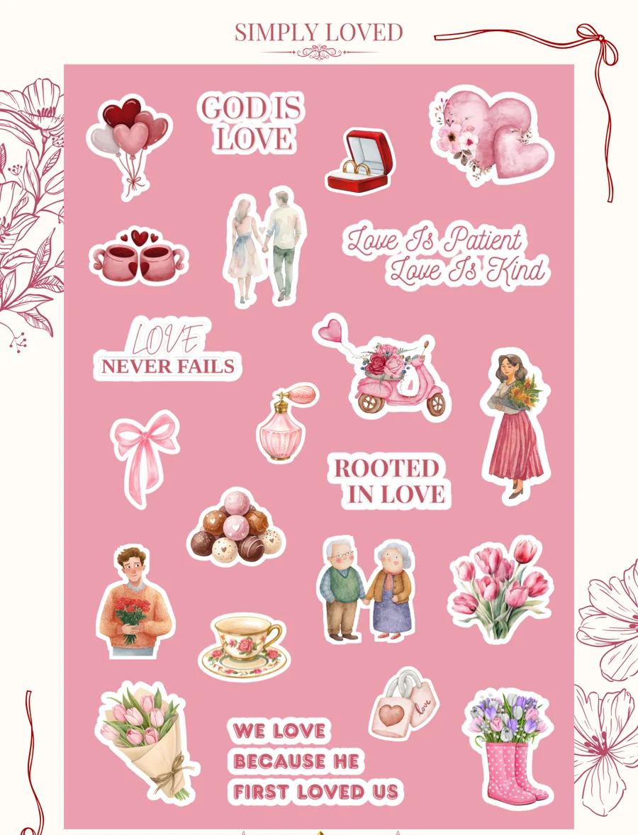 The free sticker sheet, a pink page of watercolor stickers about love